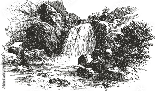 Black and white vintage waterfall illustration with rocks and trees by the river bank