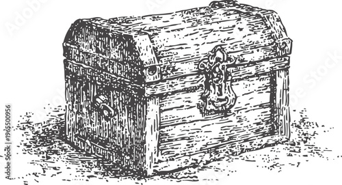 Vintage wooden treasure chest with metal lock hand drawn illustration, old antique storage box sketch