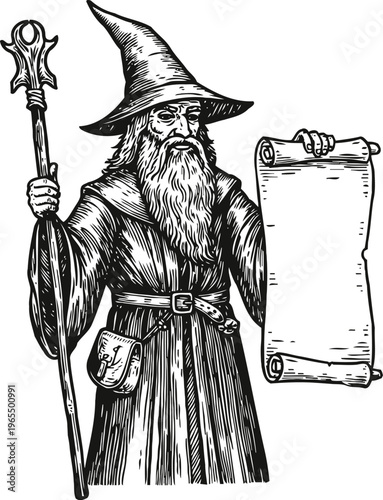 Wizard with staff and ancient scroll medieval magic sorcerer in long robe and pointed hat casting spells