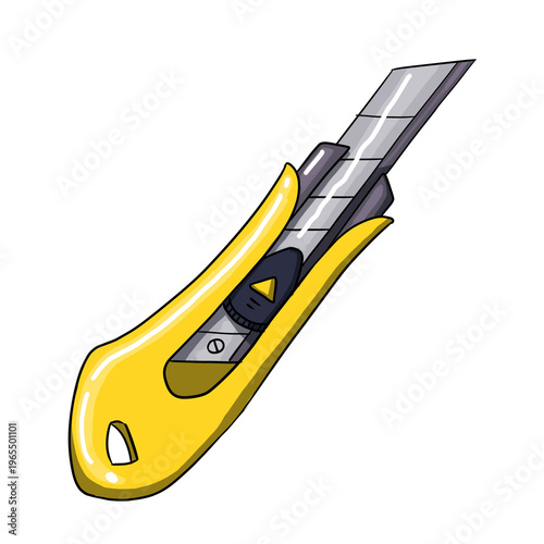 Hand-drawn a yellow utility cutter knife isolated on transparent background. office and school stationery tool