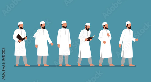 Set of Muslim Man Character Poses in Traditional White Clothing Flat Vector Illustration
