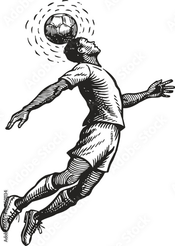 Soccer player jumping to head ball, athletic athlete executing aerial skill in game action