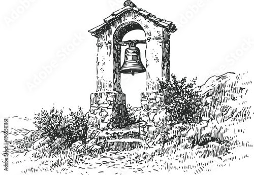 Old stone bell tower with hanging metal bell in rural landscape, vintage hand drawn sketch