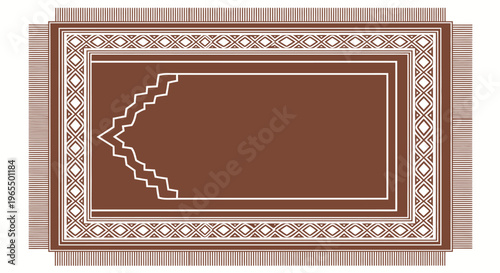 Brown Minimalist Islamic Prayer Mat Illustration with Geometric Pattern and Fringes, Sajadah for Ramadan and Eid Mubarak