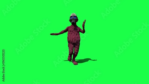 Wallpaper Mural 3D Weird Goofy Character in Crocheted Sweater and Gas Mask, Running Loop, Front View, Green Screen Chromakey Torontodigital.ca