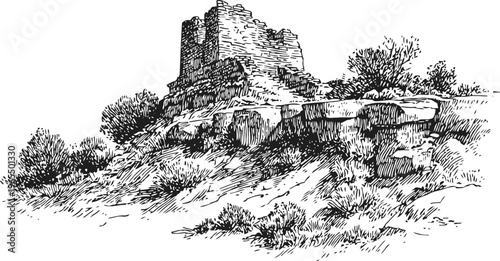 Ancient stone castle ruins on rocky hill surrounded by vegetation and bushes in ink drawing
