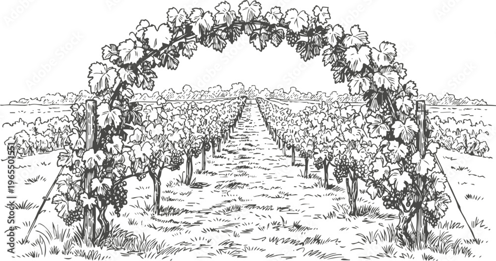 Fototapeta premium Vineyard rows with grapevine arch and clusters growing in rural agricultural landscape