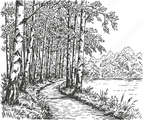 forest path along the lake with birch trees and dense foliage in black and white sketch