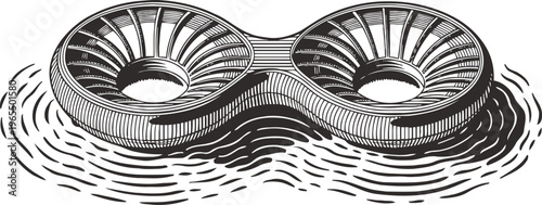 vintage swimming pool float ring illustration with woodcut waves and shading