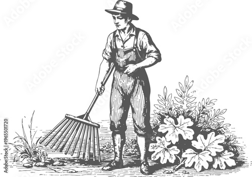 Vintage illustration of a farmer raking leaves and tending garden plants in countryside