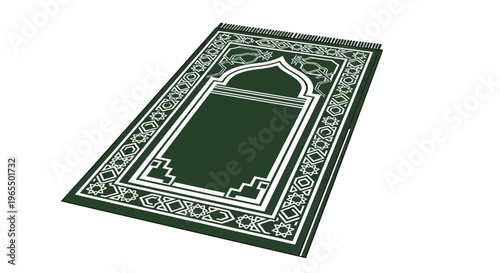 Green Islamic Prayer Mat Sajadah with Traditional Geometric Patterns and Arch Design, Isolated on White Background for Ramadan and Religious Concepts