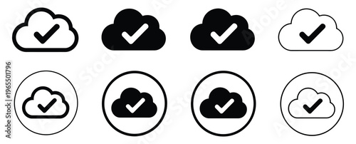 Cloud, and check mark icon featuring cloud storage and verification symbol, data sync and success confirmation concept, modern flat vector illustration for apps, websites, and digital design