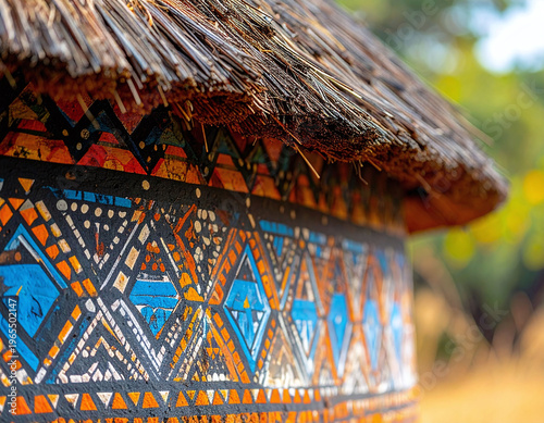 A vibrant African hut with traditional handpainted geometric patterns and a thatched roof. Ideal for travel, cultural heritage, and architectural storytelling in a rustic outdoor setting.