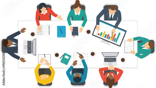 Diverse business team reviews performance charts during a top-down.