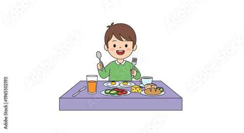 A cheerful young boy enjoys a colorful and hearty breakfast meal