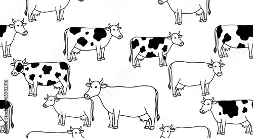 Seamless pattern of hand drawn cows in doodle style, vector line art background with black and white farm animals for textile and design