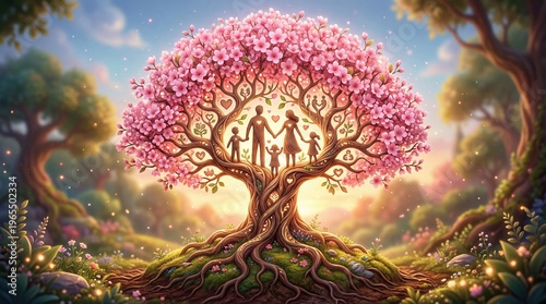 Pink blossoms crown a grand tree