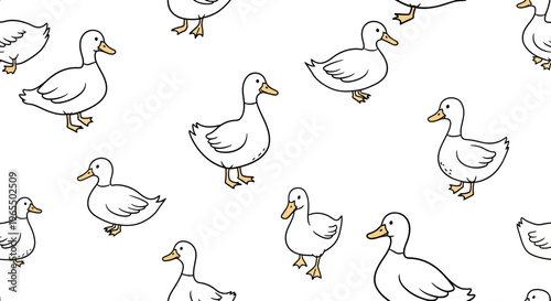 Seamless pattern of cute white ducks on a white background. Vector illustration of hand drawn waterfowl for textile, wallpaper, and nursery design.