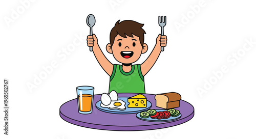Happy boy holding cutlery above a colorful breakfast table setting