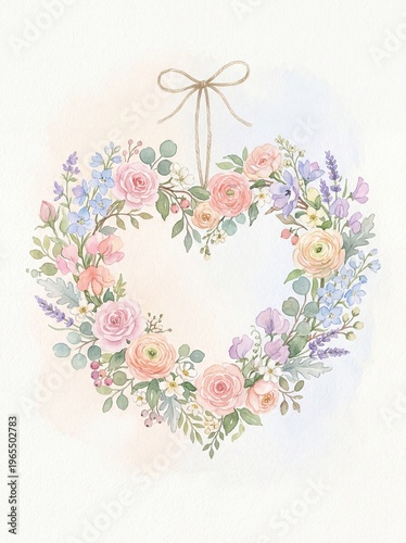 Watercolor wreath shaped like a heart hangs with a bow