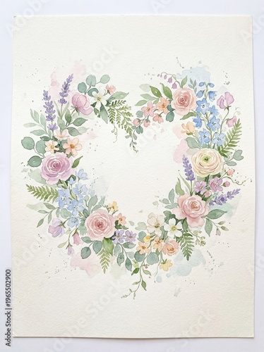 Soft watercolor heart formed with delicate blooms