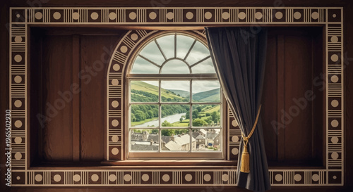Scenic Arched Window View of a Picturesque European Village and Rolling Green Hills with River