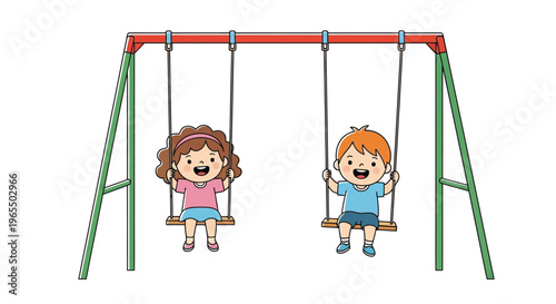 Two children joyfully swinging on a playground swing set outdoors