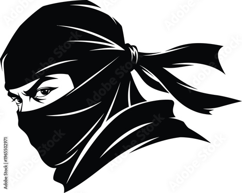 Black ninja face with piercing eyes and flowing headscarf mask white