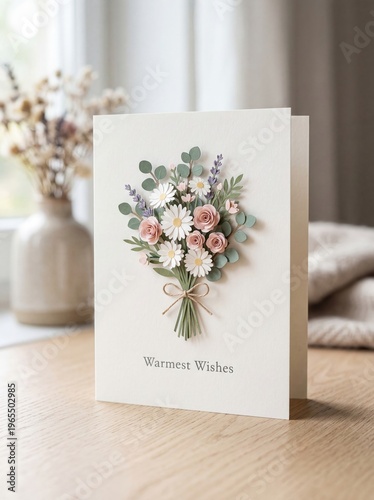 Elegant card features handcrafted floral bouquet