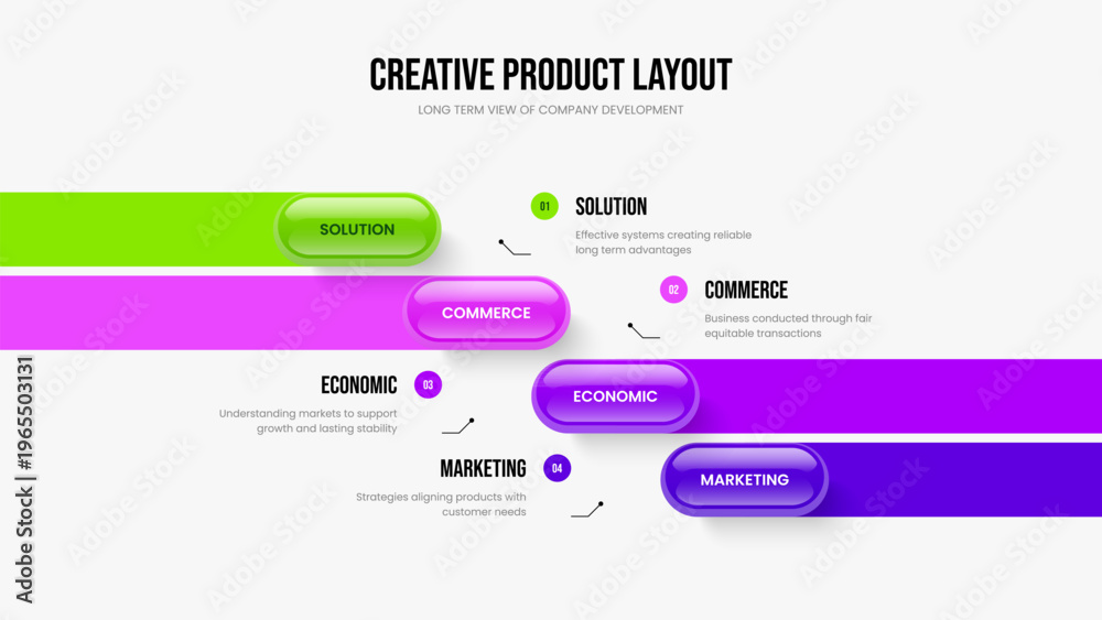 Fototapeta premium Company Forecast Four Option Infographic Presentation Template. Business Introduction 4 Step Diagram Slideshow Layout. Consulting Report Slide Design Vector Illustration.