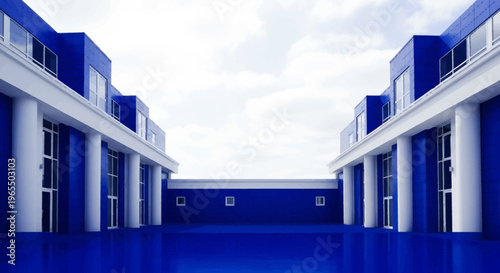 Modern Symmetrical Architecture with Bold Blue Facade and White Columns under a Cloudy Sky