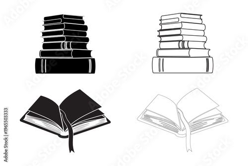 Stacked books and open reading concept with flat line art icons for education and knowledge themes