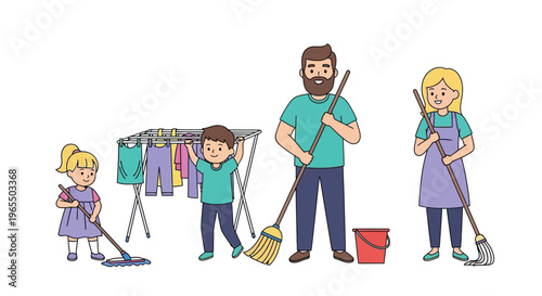 Family cheerfully engaged in household chores and spring cleaning together