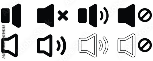 Speaker, icon set featuring mute and unmute volume signs, audio control and sound settings concept, modern flat vector illustration collection for apps, websites, and digital interface design