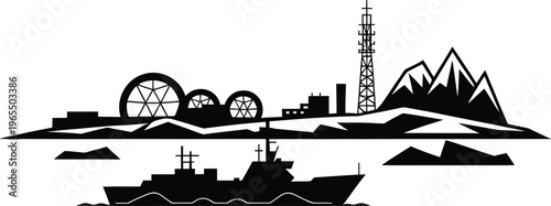 Arctic outpost silhouette with research stations mountains and icebreaker ship