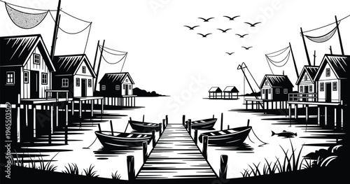 Black and white silhouette of fishing village with stilt houses boats and nets