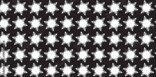 Monochrome geometric star pattern vector, seamless white six-pointed star shapes on black background, minimalist celestial repeat texture for textile design