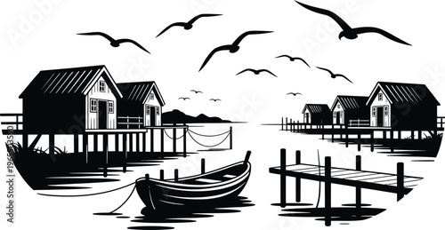 Black silhouette of fishing village with stilt houses boats and flying birds