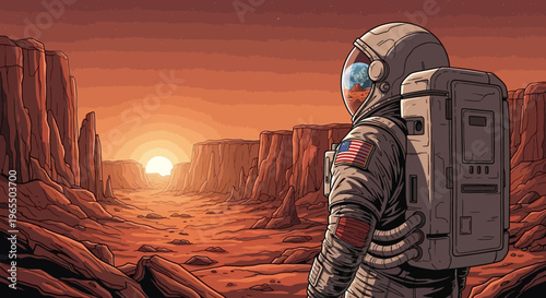 Astronaut Overlooking Martian Canyon at Sunset, Comic Style Illustration of Space Exploration on the Red Planet