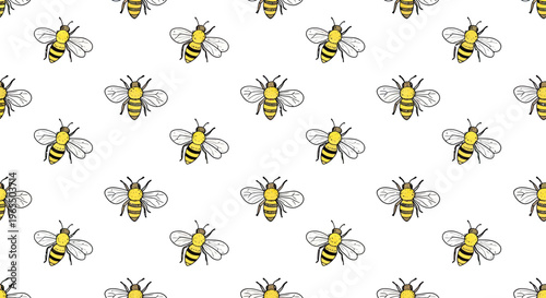 Seamless pattern with hand drawn honeybees on a white background