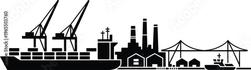 Industrial port landscape with cargo ship, cranes, factories, and bridge
