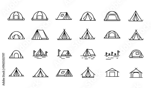 Camping dome tent outline icon set with outdoor shelter symbols for minimal travel and adventure web design