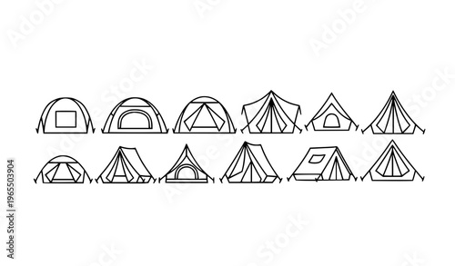 Camping tent icon collection with dome shelters and outdoor gear symbols in simple outline vector style
