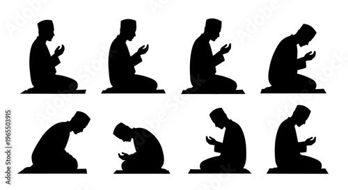 Set of Silhouettes of Muslim Man Praying - Islamic Salah Prayer Positions and Devotion Collection