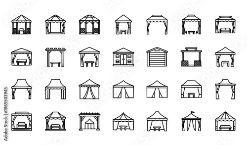 Canopy gazebo shed and tent outline icon set with outdoor shelter structures for clean web design vector collection