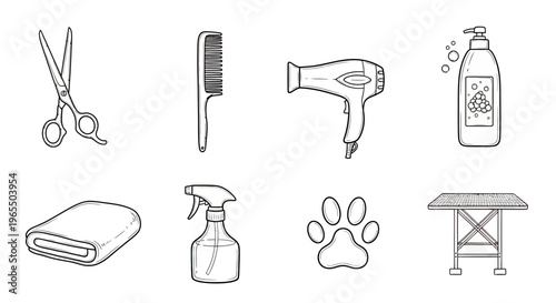 Pet Grooming and Hair Salon Tools Icon Set, Hand Drawn Doodle Style Vector Illustrations of Scissors, Hair Dryer, Comb, Shampoo, and Paw Print