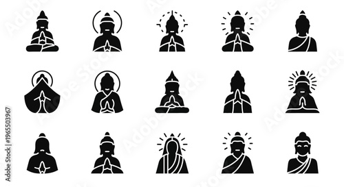 Buddha Icon Set: 15 Minimalist Spiritual Silhouettes for Meditation and Zen Design
