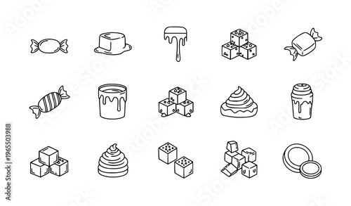 Salted caramel outline icon set with candy sauce drips and dessert elements for sweet food web design