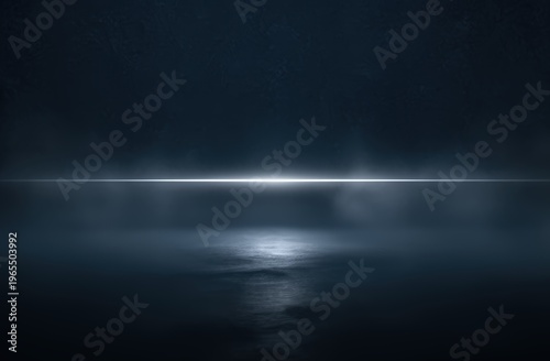 Minimal dark horizon with a glowing light reflection over misty water for moody background banner and wallpaper design