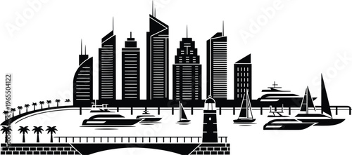 Modern city skyline with yachts and lighthouse harbour silhouette